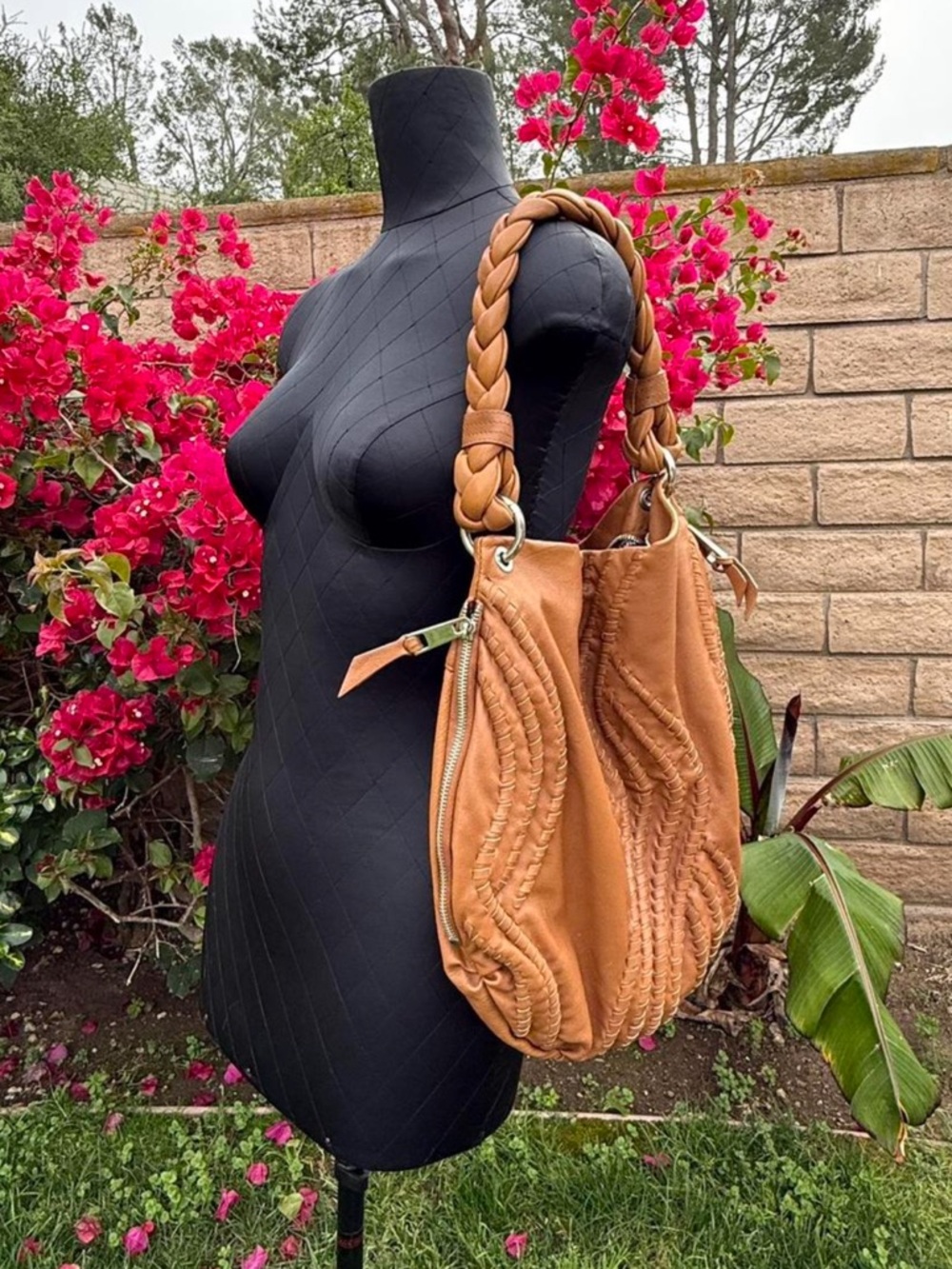 Fenn Wright Manson Braided Handle Tan Genuine Leather Hobo Bag w Silver Hardware